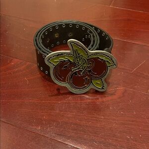 Vintage Betsey Johnson Cherries Buckle & Leather Belt Cherry Beltbuckle Y2K